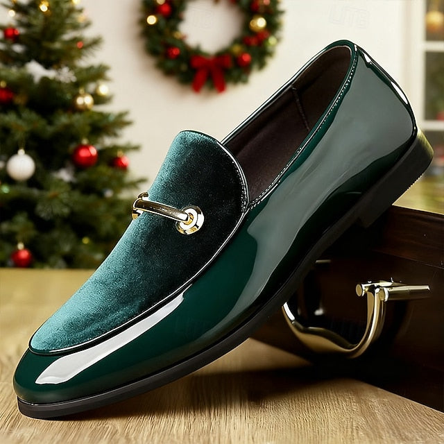 with Men's Loops Gold Decorative Faux Loafers Leather Green