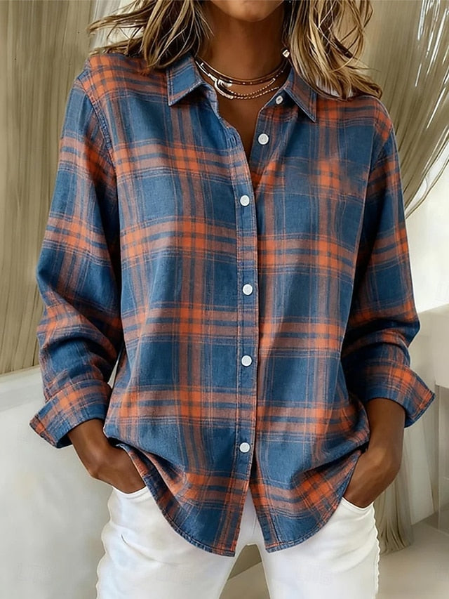 Women's Shirt Blouse Patchwork Buttons Print Plaid Casual