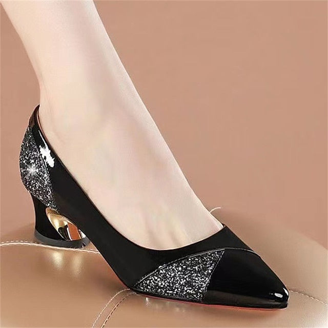 Women's Glitter-Accented Block Leather Patent Heels Faux