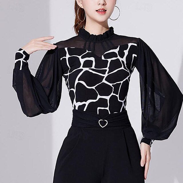 Ballroom Dance Activewear Top Printing Pure Color Splicing