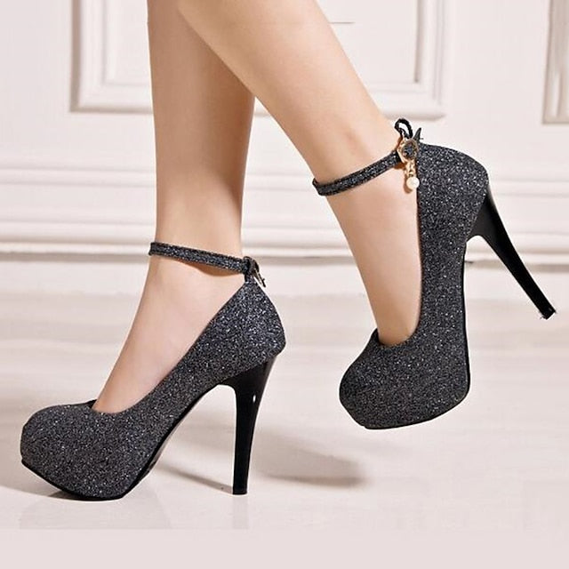 Silver Stiletto Platform with Ankle Glitter Heels Women's