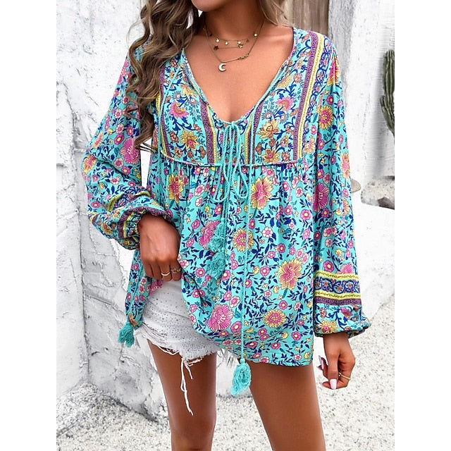 Women's Shirt Blouse Lace up Print Floral Bohemia Ethnic