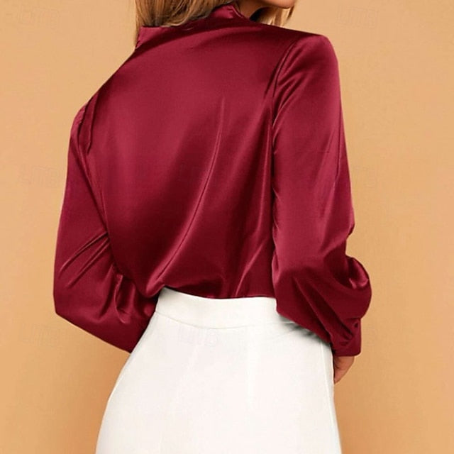 Women's Shirt Elegant Satin Top Blouse Ruched Plain Elegant