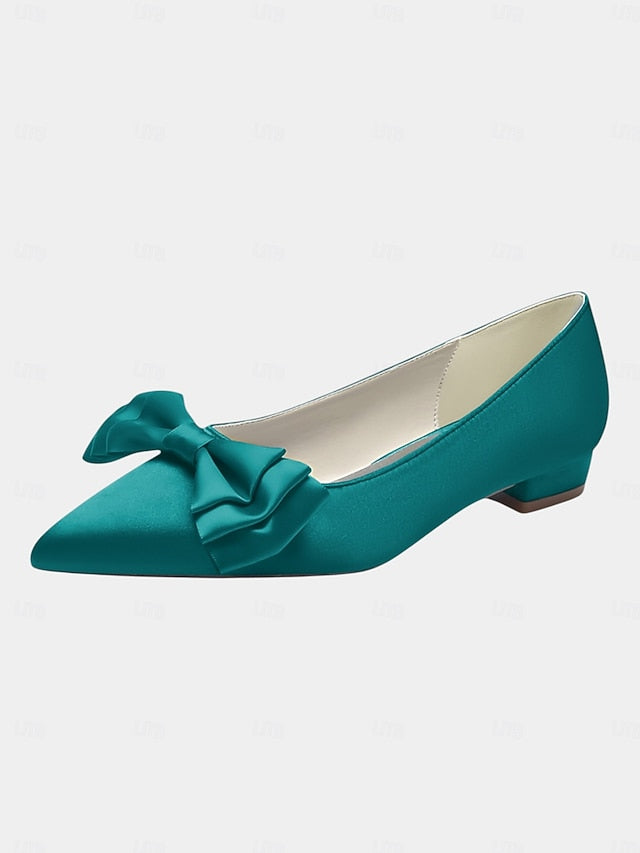 Green Elegant Flats - Satin Women's Pointed Toe Bow