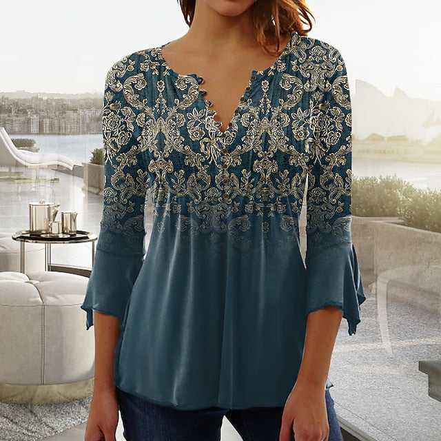 Women's T shirt Long Sleeve Henley T Shirt Blouse Floral