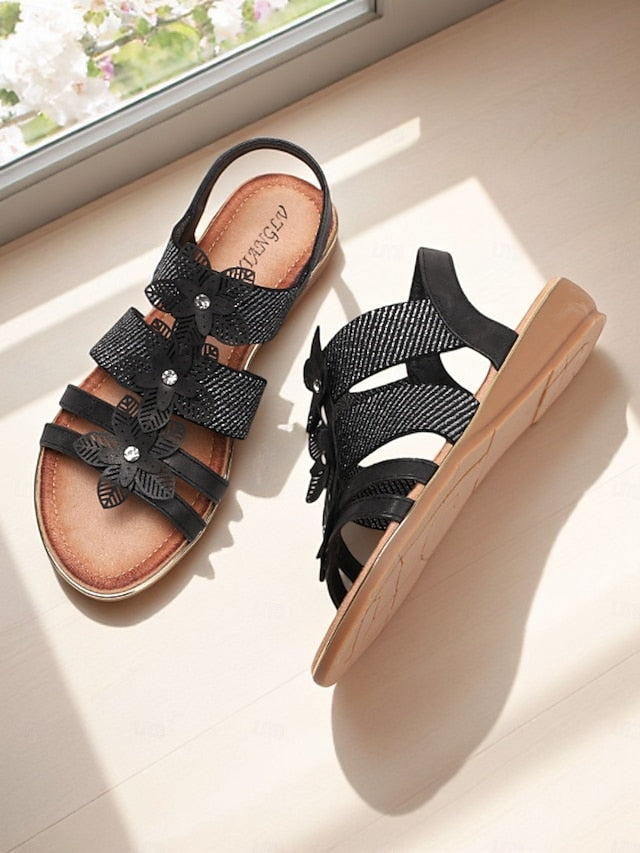 – Floral Sandals Elegant Flat Women's Beige Rhinestone