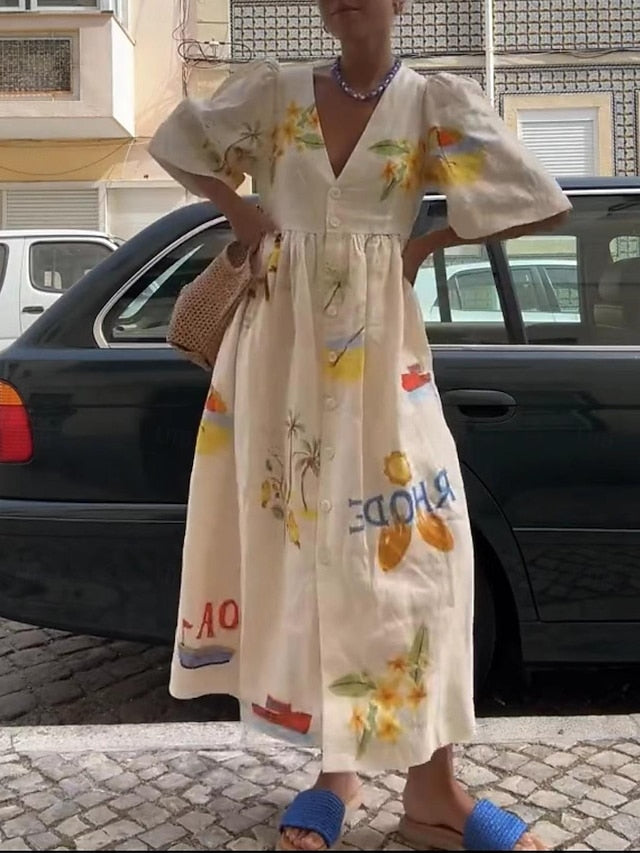 Women's Leaf Animal Print V Neck Puff Sleeve Midi Dress