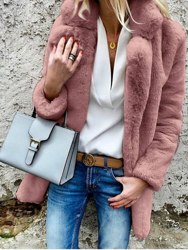 Fur Women's Casual Collar Warm Plain Comfortable Going Coat