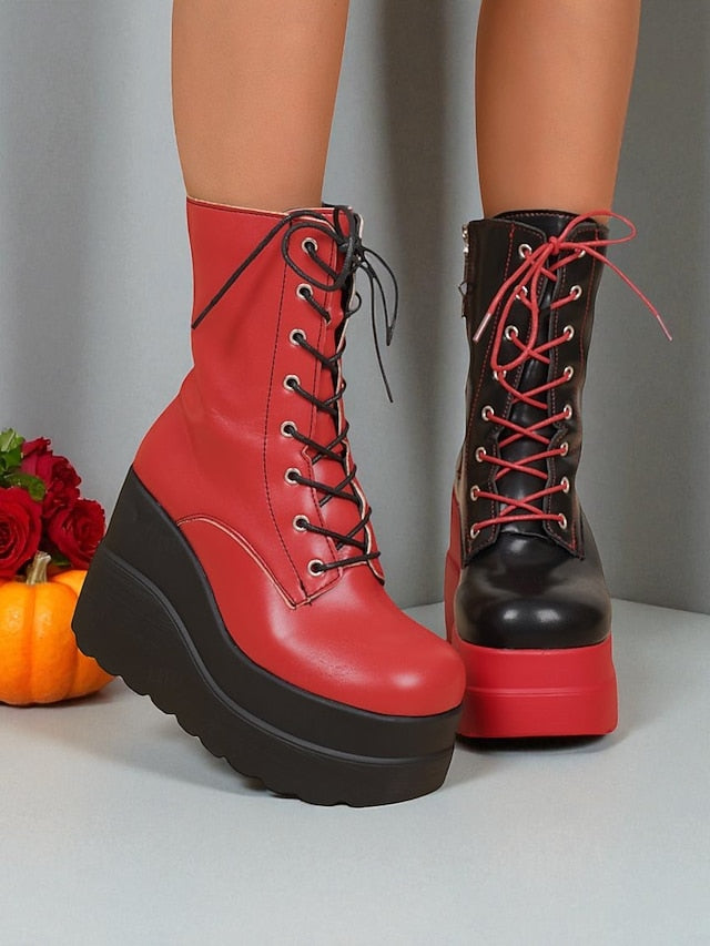 Platform Boots - Black and Women's Red Lace-Up Bold Ankle