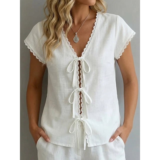 Women's Lace Tops Lace Trim Solid Color Elegant Short