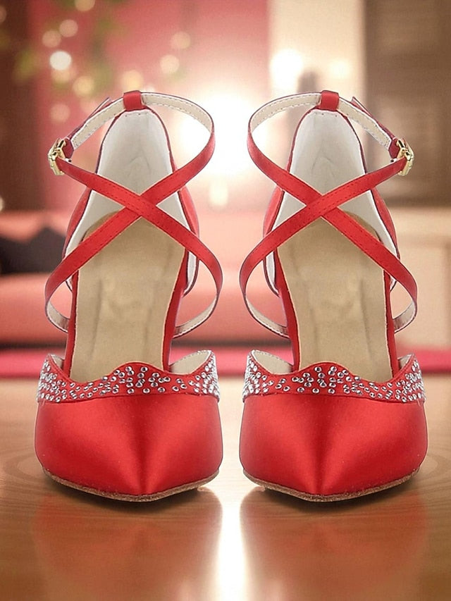 Closed Women's Dance Shoes Cross Satin Toe Red Ballroom -