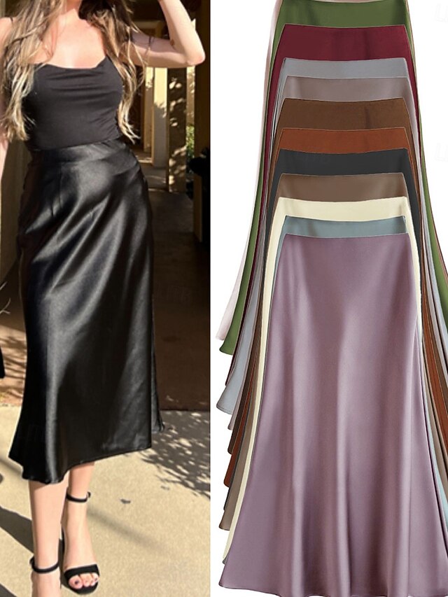 Women's Satin Skirts Elegant Vintage Fashion Casual Midi