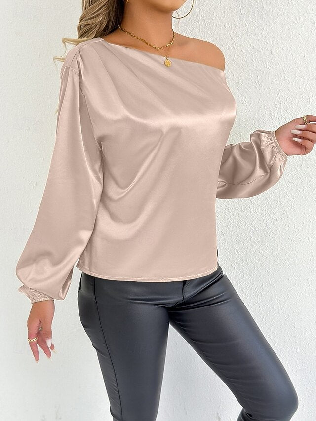 Women's Satin Tee Top Elegant Stylish Long Sleeve Puff