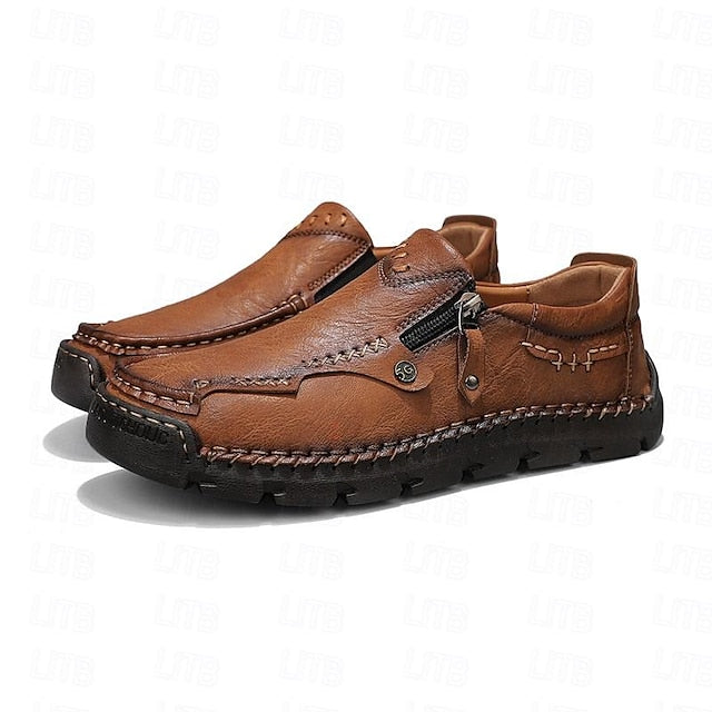 Leather with Side Faux Brown Slip-On Loafers Men's Zipper