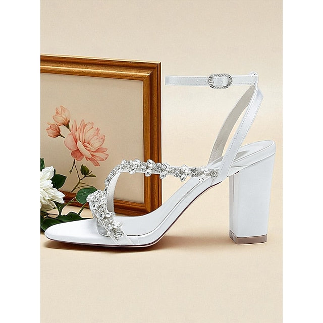 Heel Block White with Women's - Sandals Rhinestone Straps
