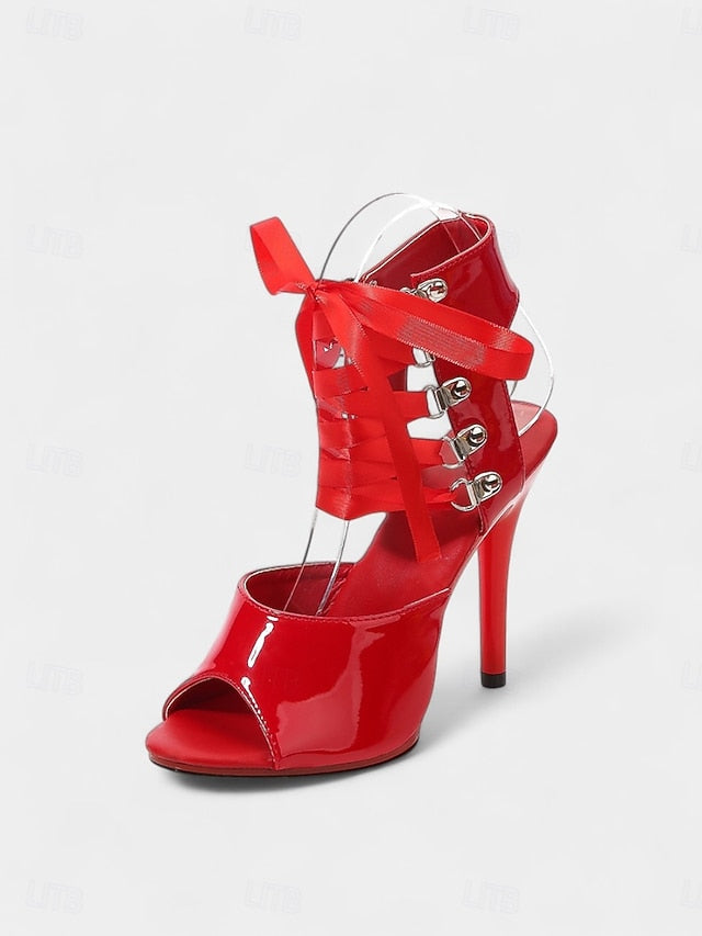 - Lace-Up Sexy Cutout Patent Women's Stiletto Sandals Black