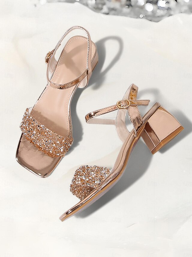 Wedding Rhinestone for Sandals Women Elegant Gold – Block Heel