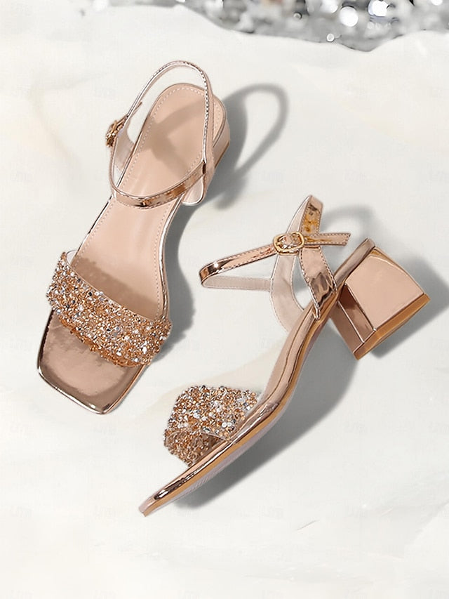 Block Wedding Rhinestone Elegant – Gold for Sandals Heel Women
