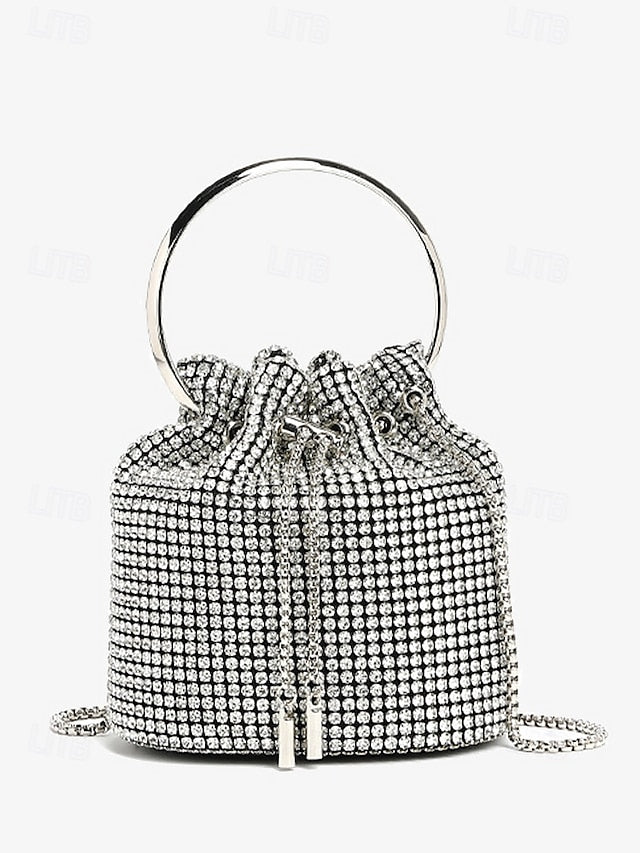 Women's Rhinestone Silver Sparkling Bucket with Bag Metal