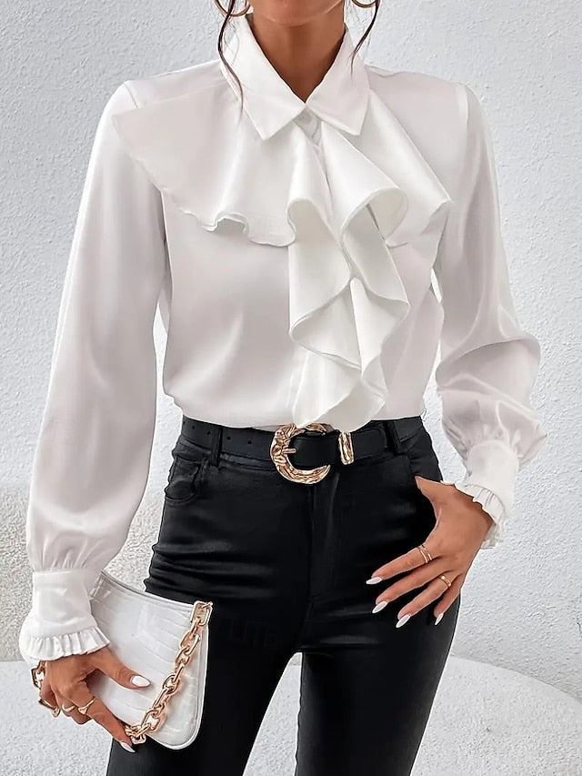 Women's Satin Shirt Dress Shirt Blouse Ruffle Solid Color