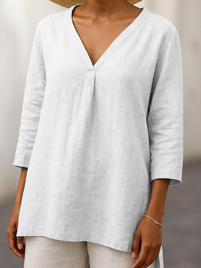 Women's T Shirt Solid Color Casual 3/4 Length Sleeve V Neck