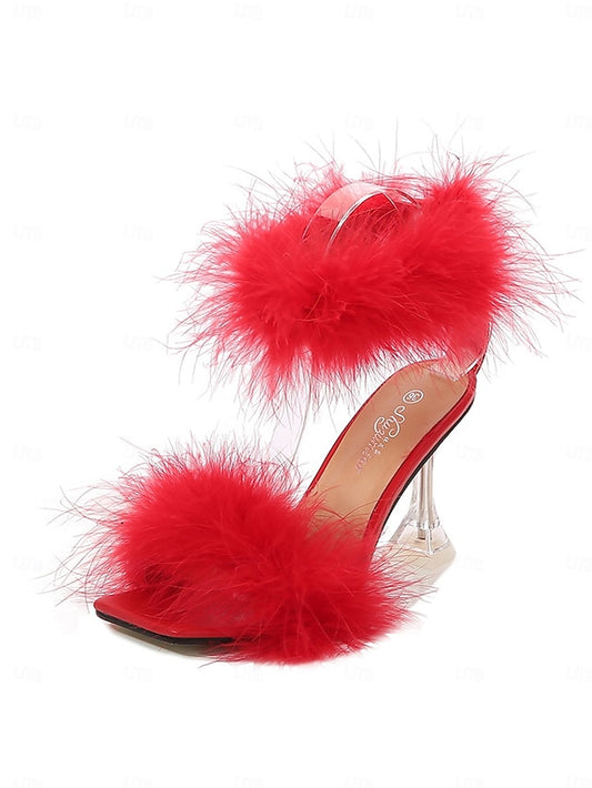 Clear Heel High Feather-Embellished Sandals with Turquoise