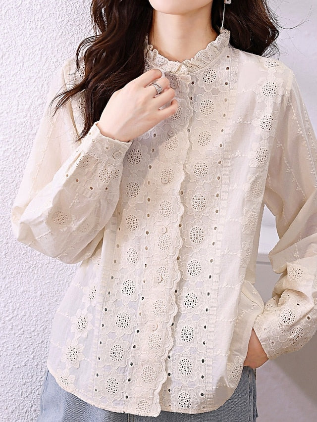 Women's Shirt Blouse Lace Tops Lace Buttons Plain Stylish