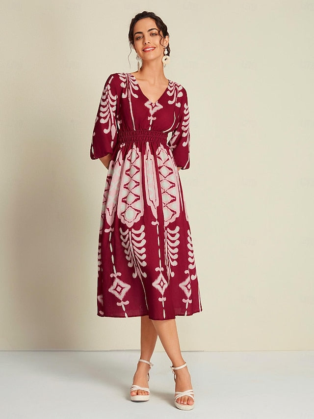 Folk Print Brick Red Half Sleeve V Neck Midi Dress