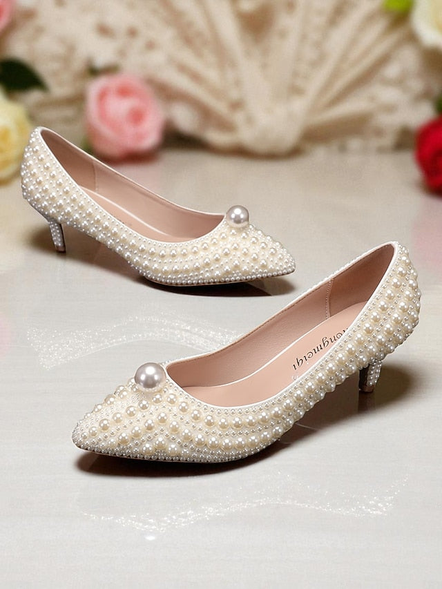 Pearl-Embellished Women's Kitten Pumps and Heel Matching