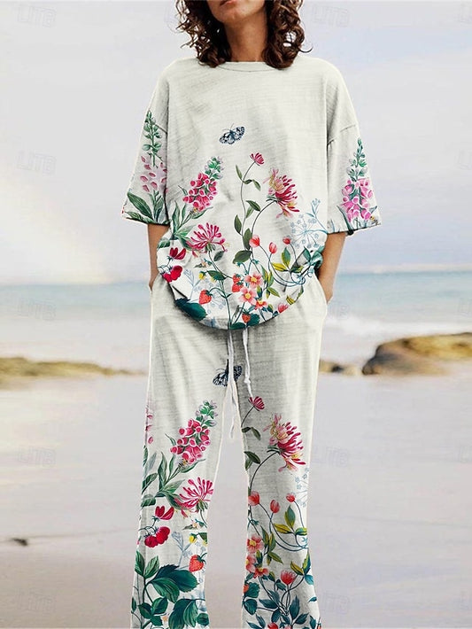 Women's Pants Sets 3/4 Length Sleeve Crew Neck Floral Print