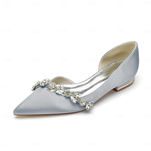 Crystal Wedding Toe with White and Pointed Satin Flat Shoes