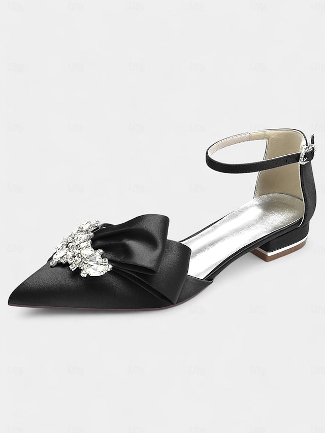and Bow with Satin Ankle White Pointed-Toe Rhinestone Heels