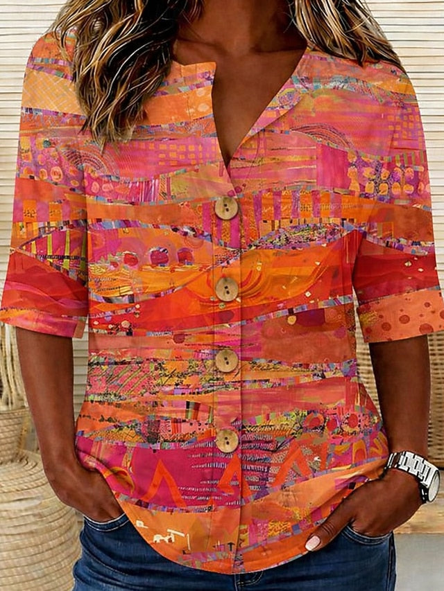 Women's Shirt Tunic Summer Tops Buttons Graphic Geometric