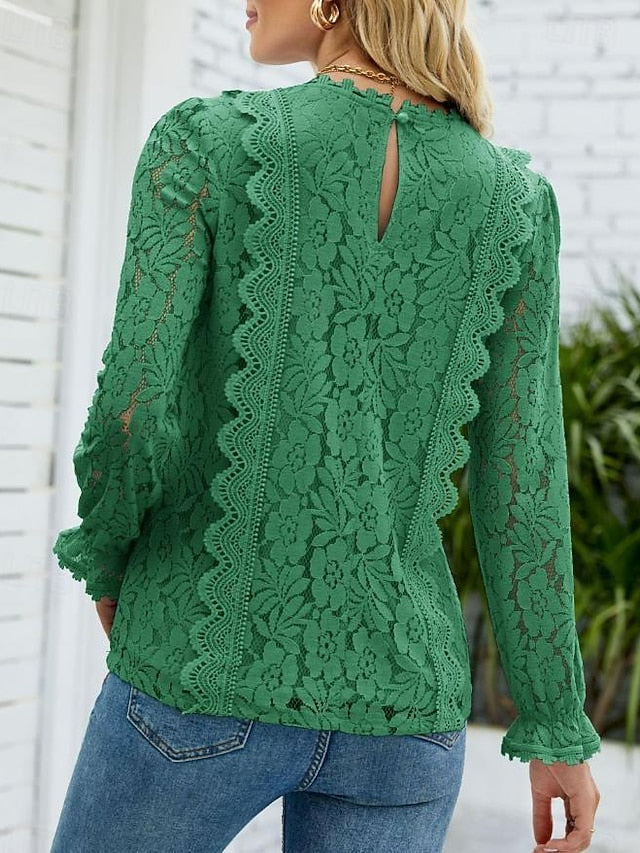 Women's Elegant Lace Tops Eyelet Blouse Elegant Solid Color