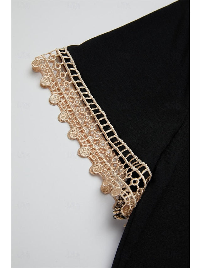Women's Casual Dress V-neck Short Sleeve Crochet Lace Trim