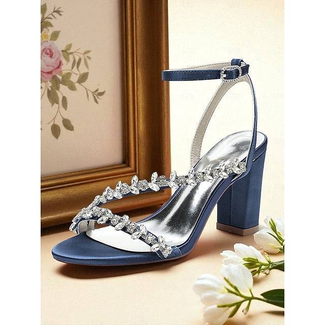 Heel Block White with Women's - Sandals Rhinestone Straps