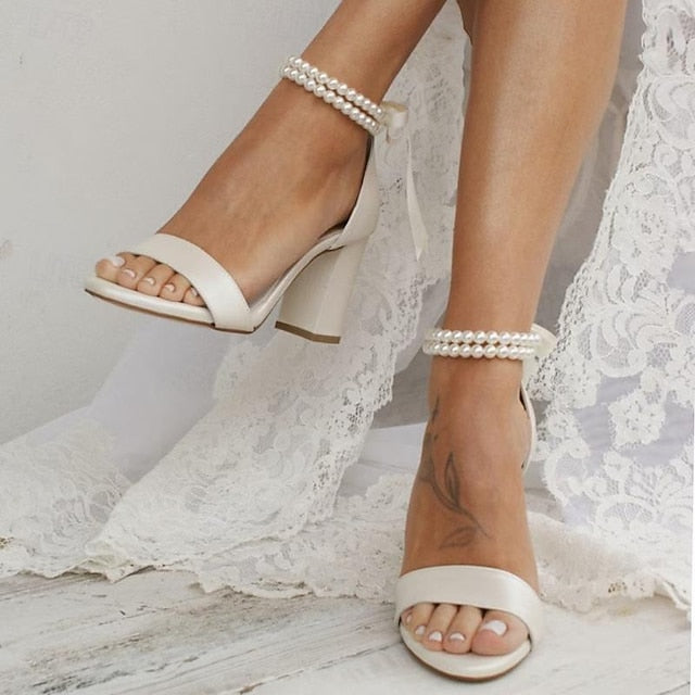 Sandals Satin Pearl with White - Heels and Wedding Anklet Block
