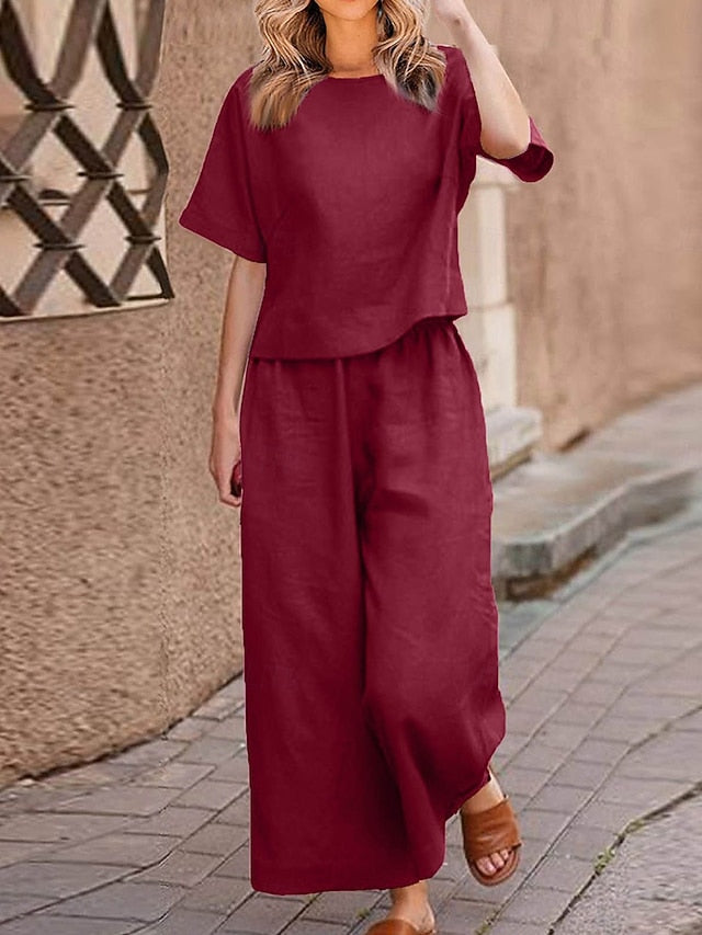 Women's Pants Sets Faux Cotton Linen Short Sleeve Plain