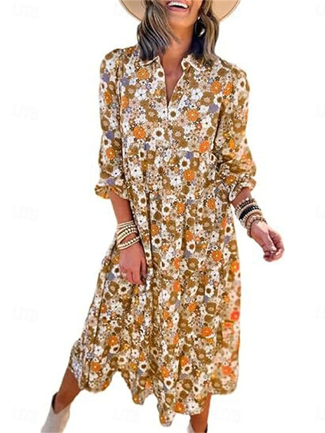 Women's Floral Split Neck Midi Dress Long Sleeve Summer