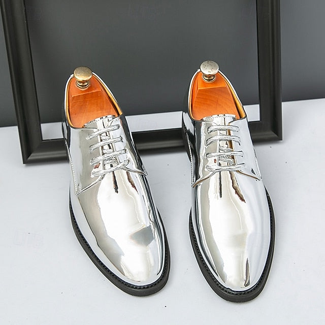 Lace-Up – Men Leather Patent Shiny for Sleek Gold Shoes