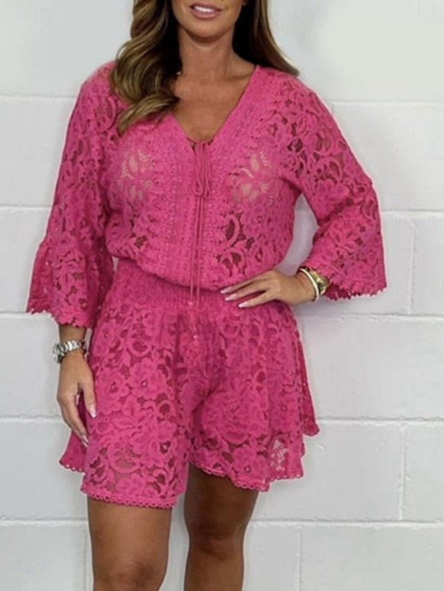 Women's Lace Shirt Baggy Shorts 3/4 Length Sleeve V Neck