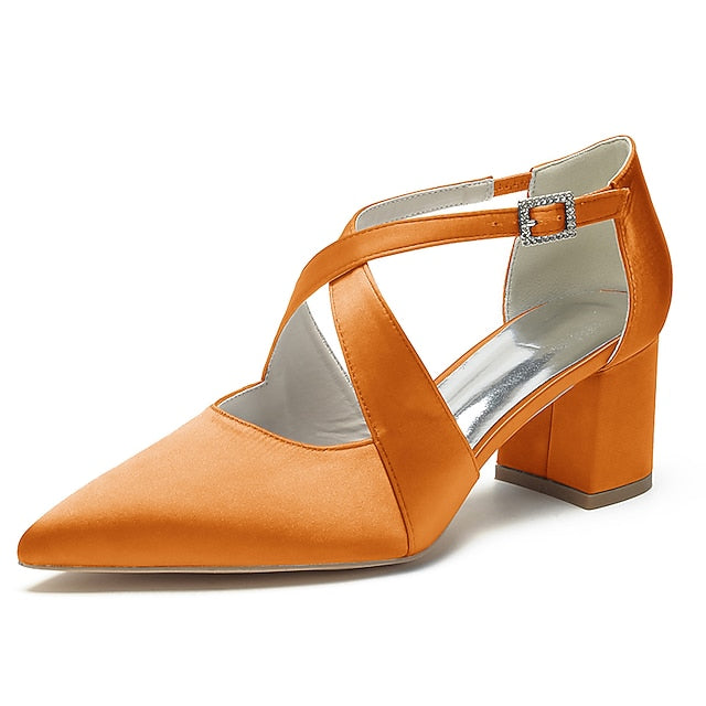 – Elegant White Block Pointed Heels Women's Satin Toe