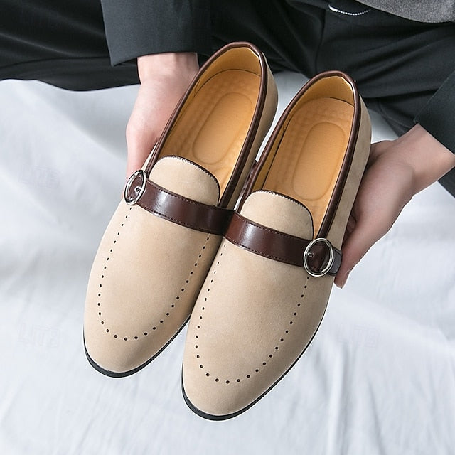 Faux Suede Slip-On with Brown Strap Buckle Loafers Men's