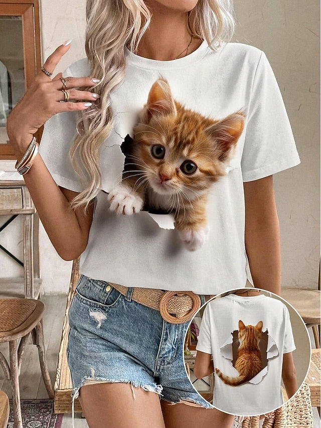 Women's T Shirt Fashion Cat Print Short Sleeve Regular Tops