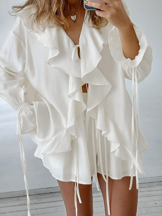 Women's Shirt Two Piece Sets Shorts Sets Long Sleeve V Neck