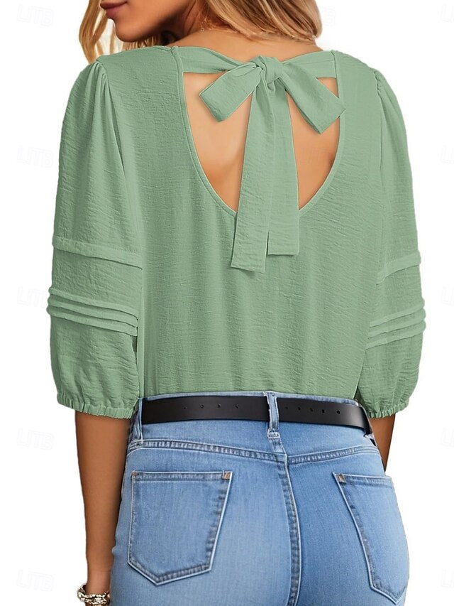 Women's Blouse Solid Color Stylish Casual 3/4 Length Sleeve