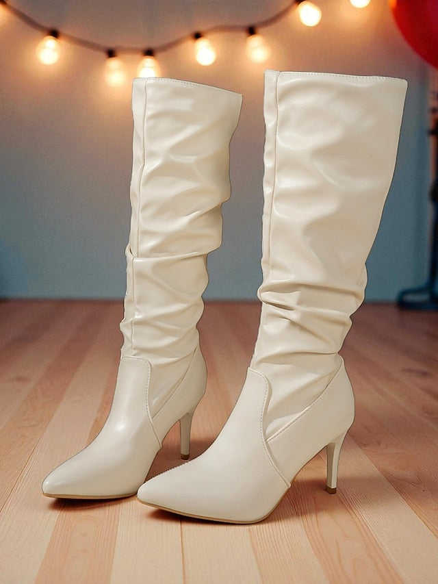 Brown - Knee Women's High Leather Faux Pointed Toe Boots