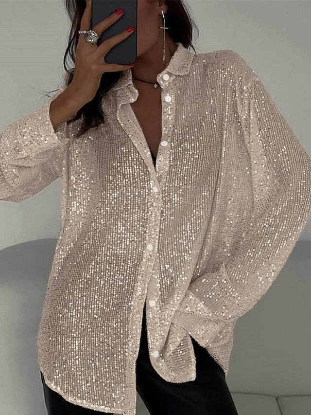 Women's Casual Shirt Button Up Shirt Blouse Sequins Buttons