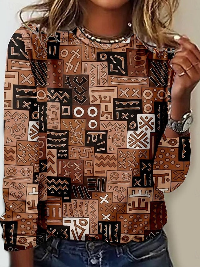 Women's T Shirt Print Floral Tribal Fashion Modern Long