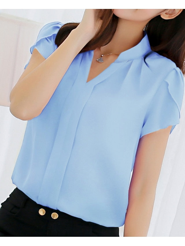 Women's Shirt Blouse White Pink Red Plain Short Sleeve Work
